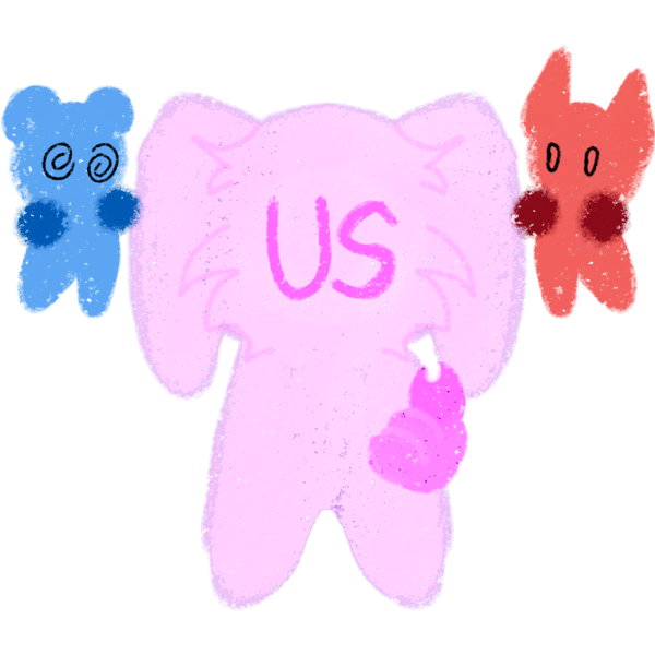 A light pink figure with floppy ears stands in the middle with a red headmate on the right and a blue headmate on the left, written on its face is "Us" as it points to itself with one paw"